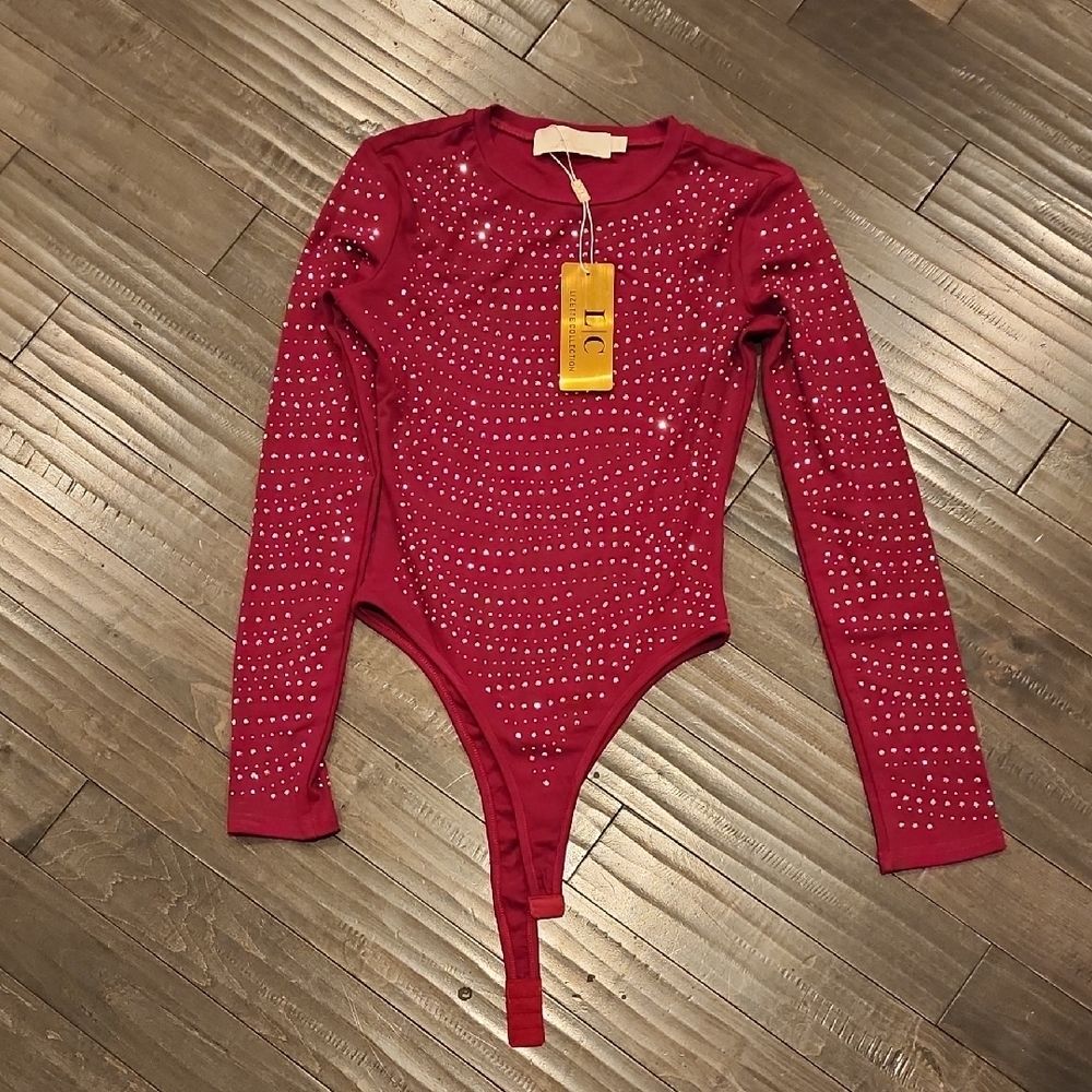 Rhinestone Embellished Burgendy Bodysuit